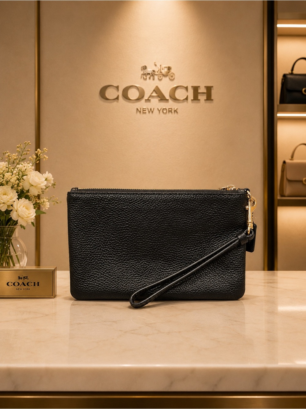 Coach Polished Pebbled Black Leather Wristlet EUC - Picture 2 of 5